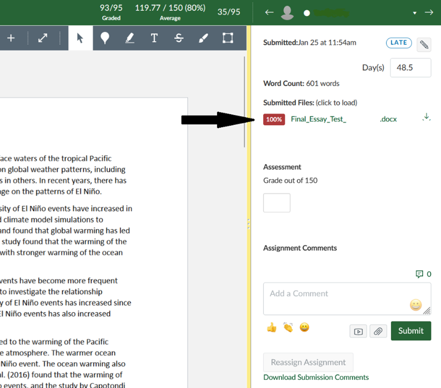 Screen capture of the SpeedGrader interface in Canvas, with an arrow pointing to the similarity score percentage of a student submission.