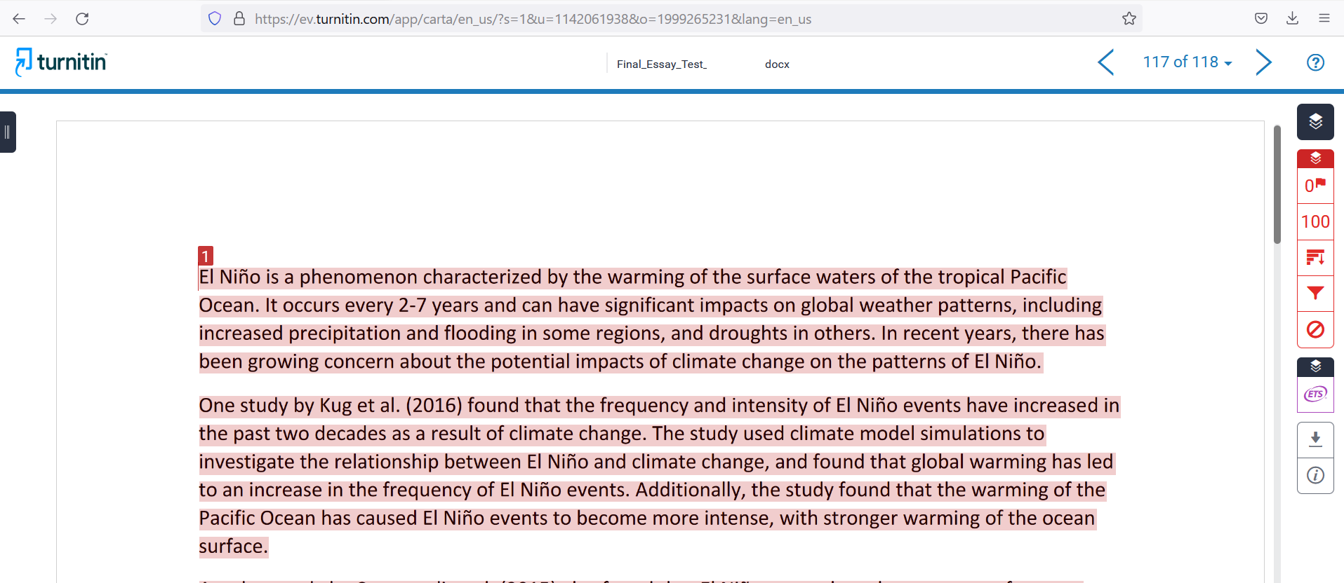 Screen capture of Turnitin feedback report on a student's individual assignment, showing the entire essay excerpt as being plagiarized.
